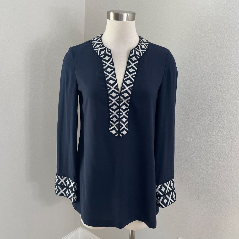 Tory Burch Womens 4‎ Navy Tunic Top Ariana Embroidered Knit Trim Long Sleeve